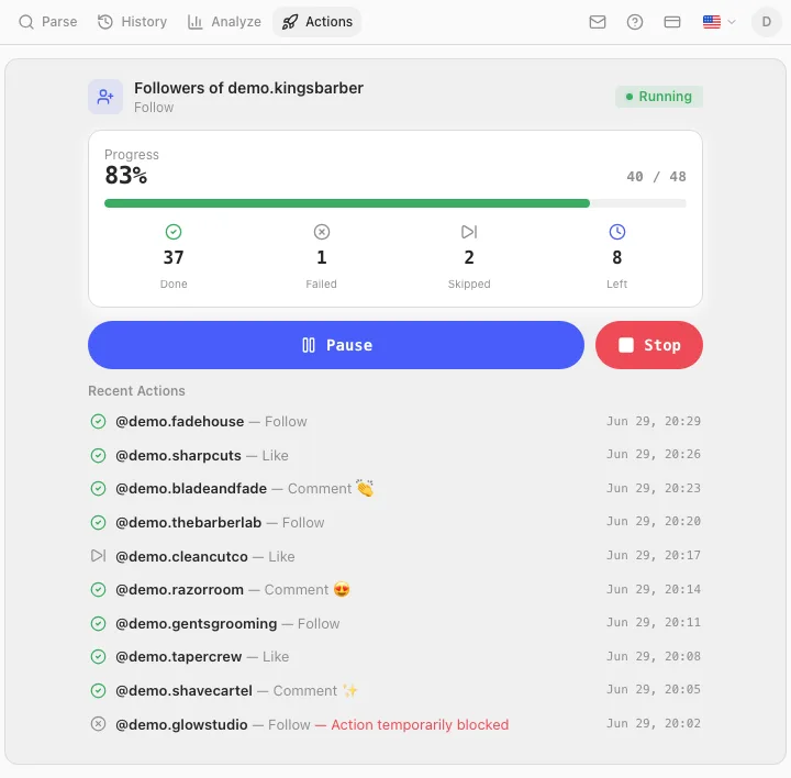 Карточка работающей задачи Actions: прогресс-бар, статистика done/failed/skipped/remaining и живая лента действий