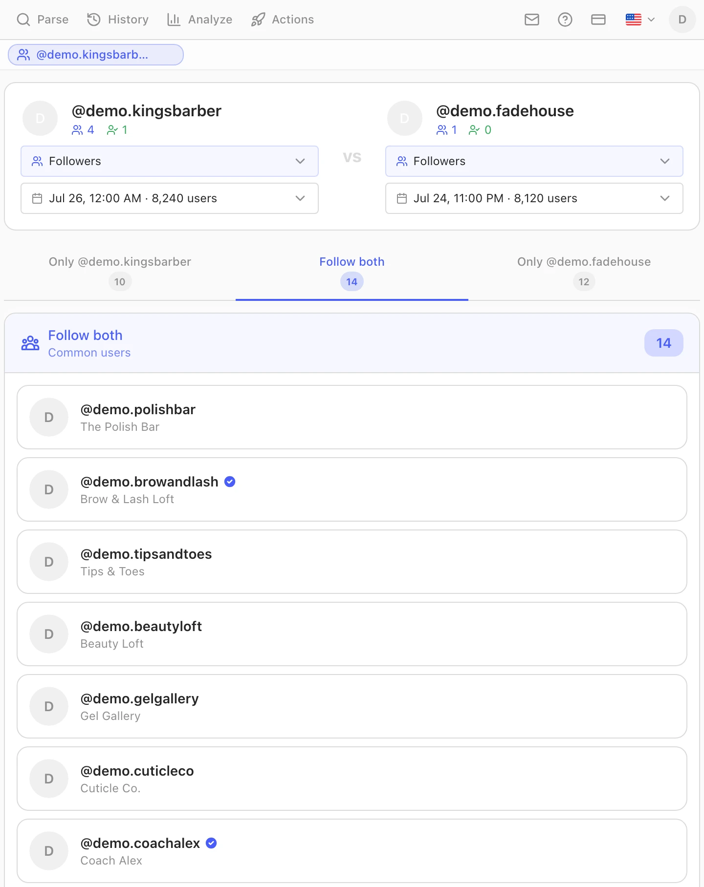 The Follow both tab of the Gramlens account comparison showing the accounts that follow both profiles