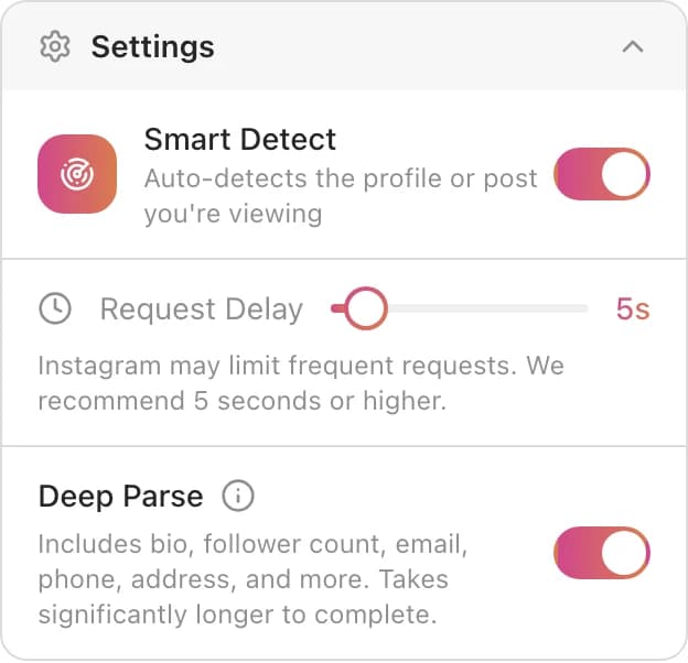 Deep Parseのトグルがオンになったパース設定。プロフィール文・フォロワー数・メール・電話番号・住所などを含むと説明されている