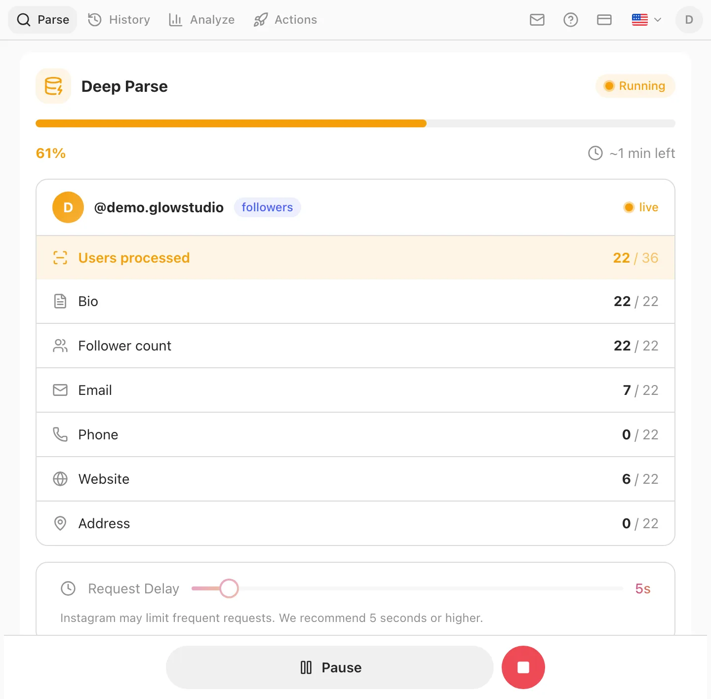 Deep Parse実行中：処理済みアカウントで見つかったbio・フォロワー数・メール・電話・ウェブサイト・住所をライブで数えるカード