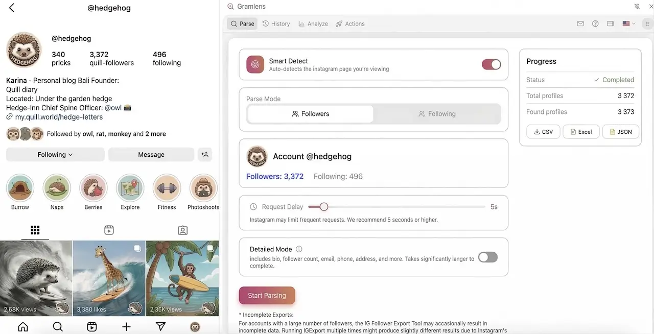 Chrome Side Panel next to an Instagram profile. Gramlens Parse tab is active: Smart Detect enabled, Followers mode selected, a request delay slider, and a Progress card on the right showing a completed parse of 3,372 profiles with CSV, Excel, and JSON export buttons.