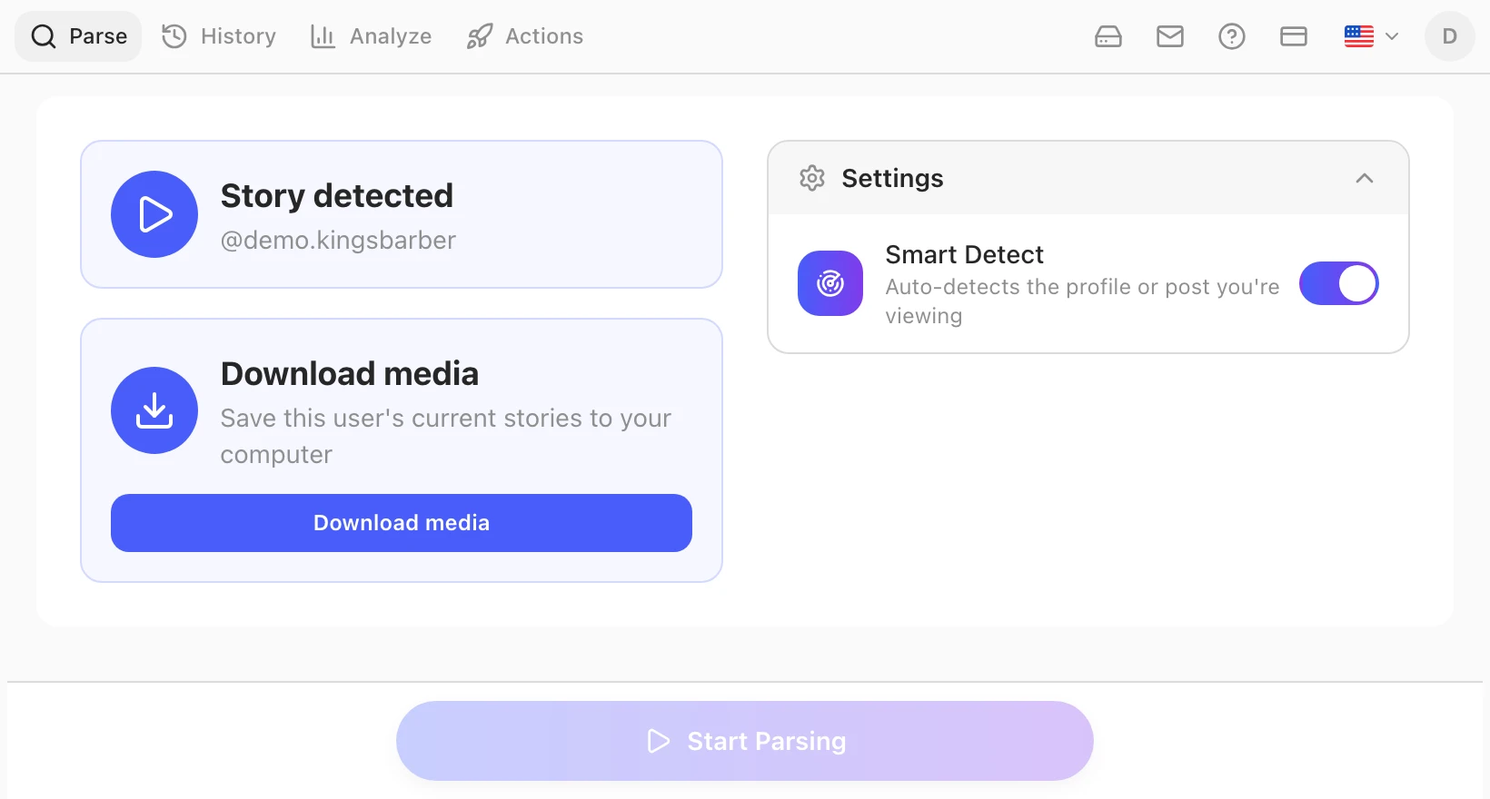 The Gramlens side panel on a story view, offering to download all of the profile's current Stories in one click