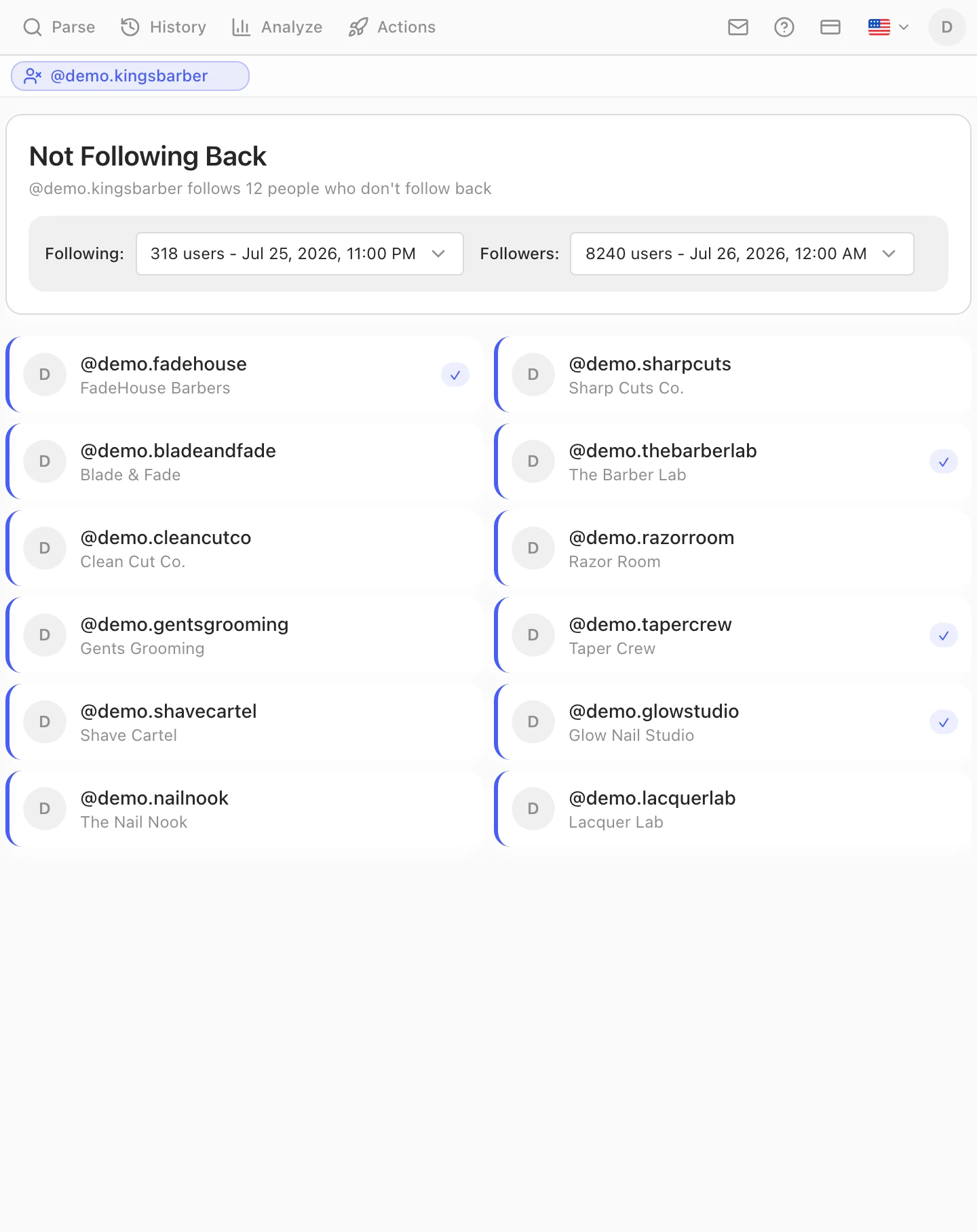 Close-up of the Not Following Back panel with the following and followers snapshot pickers and the resulting list of accounts
