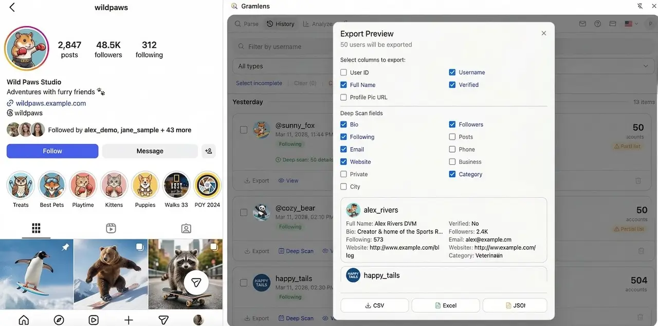 Export Preview dialog in Gramlens: a checklist of standard columns (User ID, Username, Full Name, Verified, Profile Pic URL) and Deep Scan fields (Bio, Followers, Following, Posts, Email, Phone, Website, Business, Category, City), a record preview for alex_rivers, and CSV / Excel / JSON download buttons.