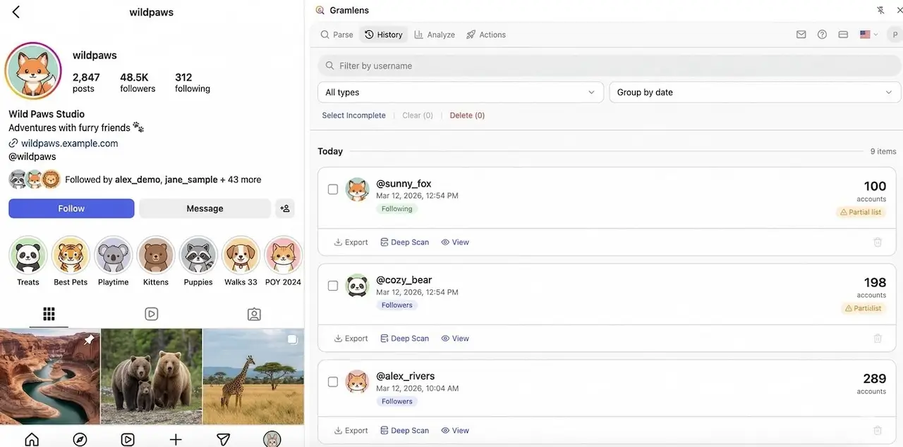 History tab in Gramlens: parse tasks grouped by date, each card showing the target account's avatar, timestamp, the number of accounts parsed, and quick actions — Export, Deep Scan, View.