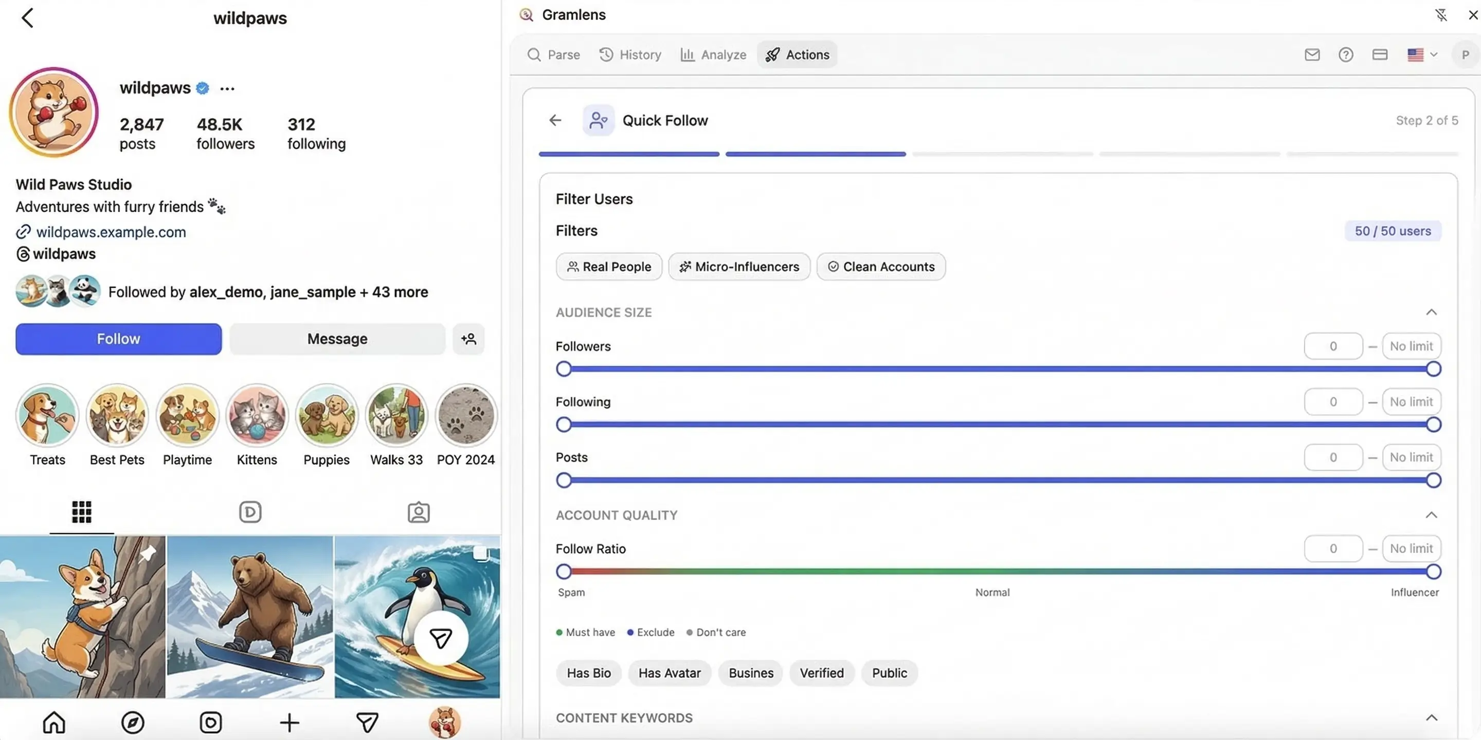 Quick Follow wizard (Step 2 of 5) in Gramlens: preset filter chips (Real People, Micro-Influencers, Clean Accounts), Audience Size sliders for Followers, Following, and Posts, a Follow Ratio slider across Spam–Normal–Influencer, and attribute pills (Has Bio, Has Avatar, Business, Verified, Public).