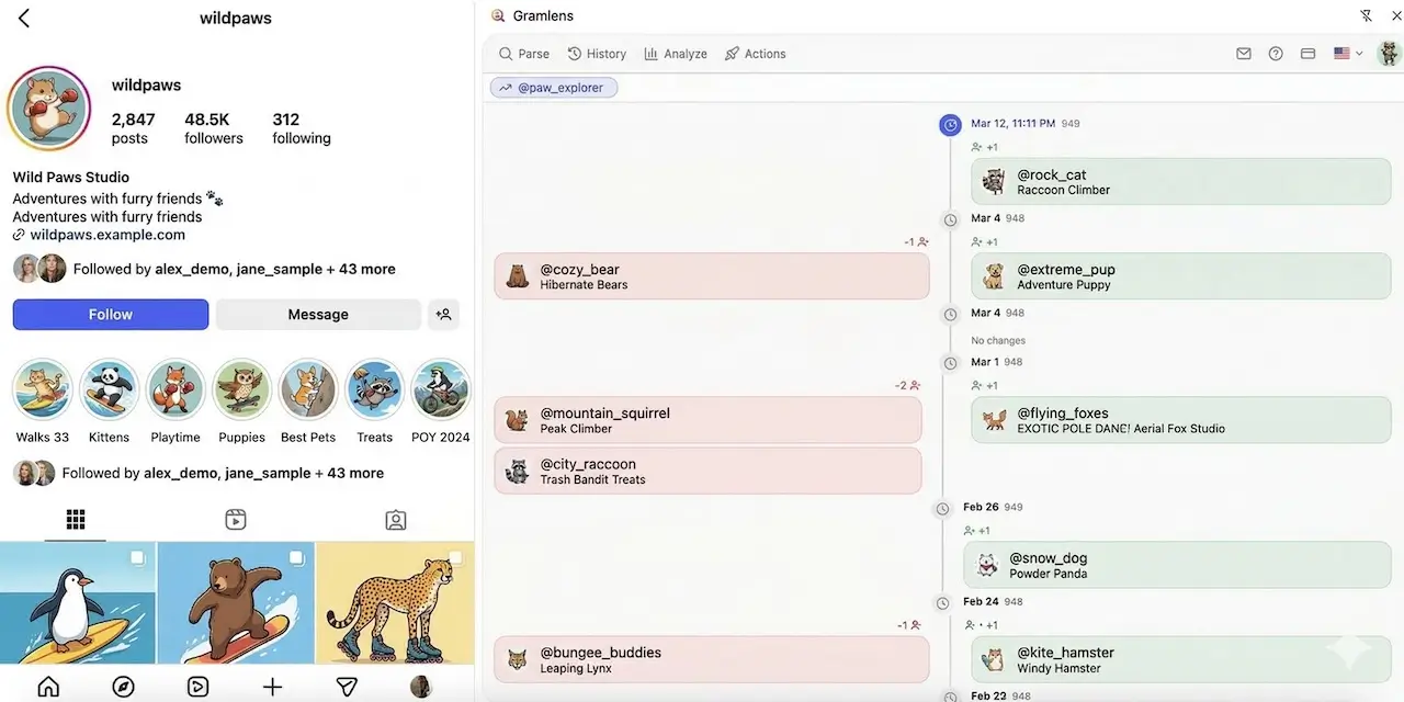 Analysis Timeline for @paw_explorer: events grouped by date with green cards for new followers and red cards for users who left, each showing username, avatar, and a short bio.