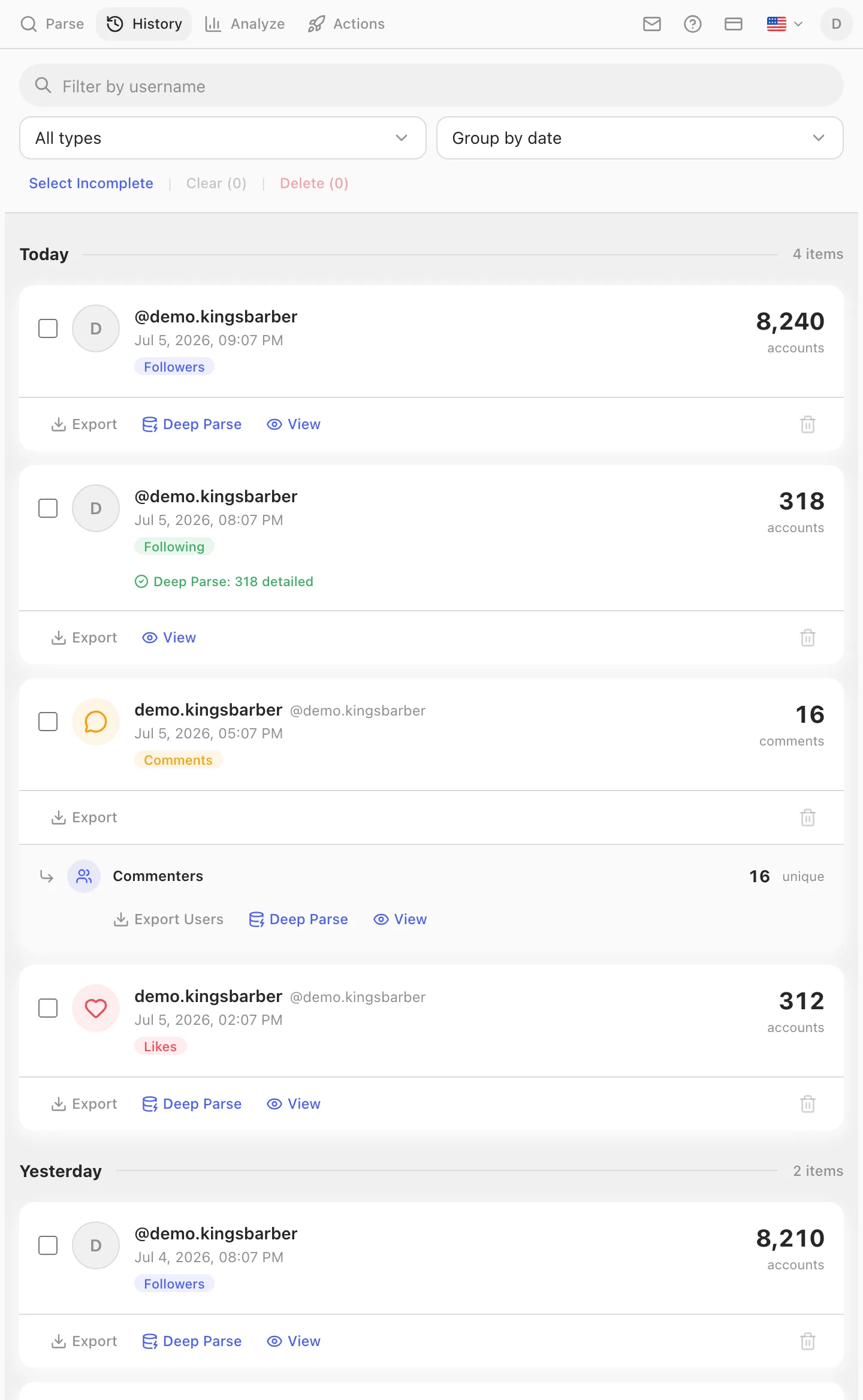 Gramlens History tab with parse snapshots grouped by date — follower parses from today and yesterday with account counts