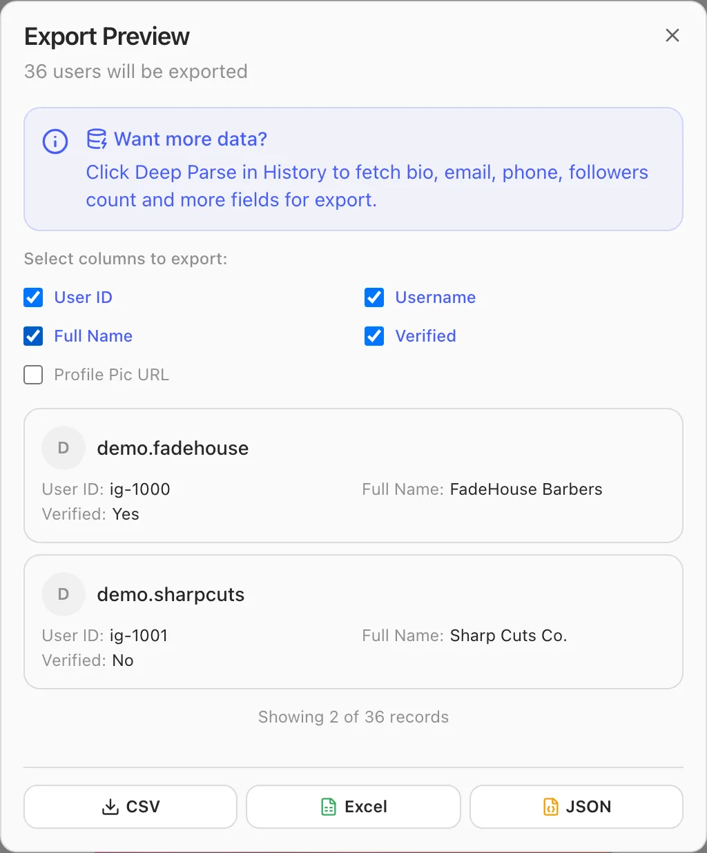 Sütun listesi, işaretli User ID sütunu ve ilk satırların önizlemesiyle Export Preview penceresi