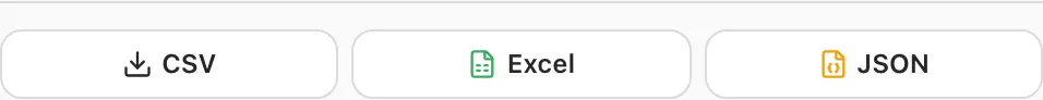 Dışa aktarım penceresinin altındaki CSV, Excel ve JSON indirme butonları