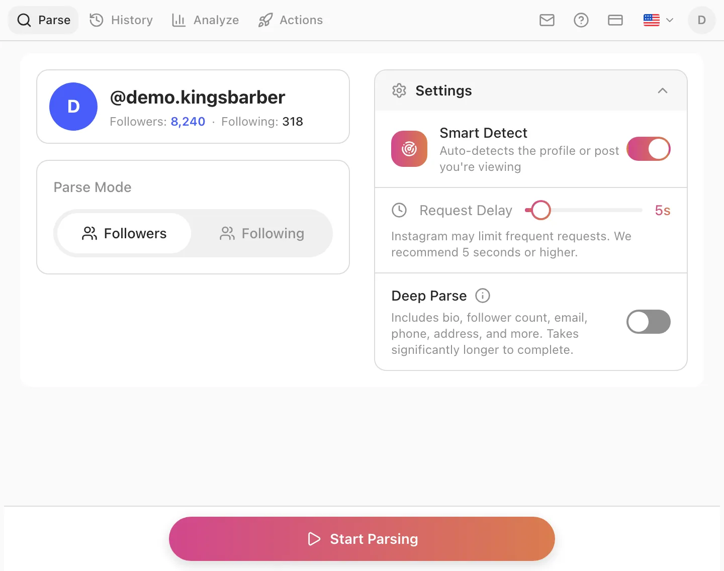 Panneau latéral Gramlens ouvert à côté d'un profil Instagram, affichant le nombre d'abonnés et d'abonnements ainsi que les options de parsing