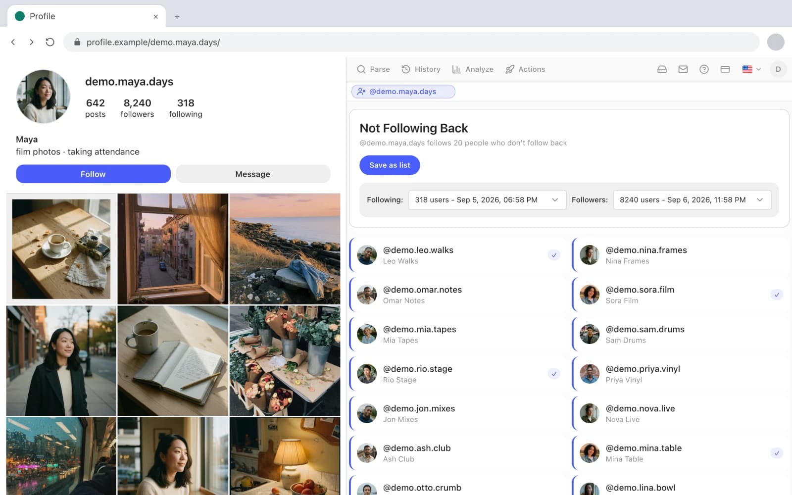 Das Gramlens-Seitenpanel zeigt die Liste „Folgen nicht zurück“ neben einem Instagram-Profil.