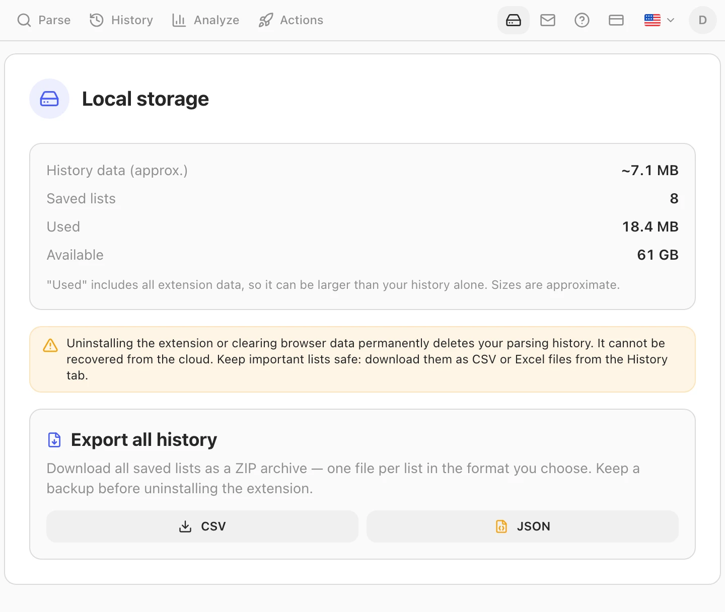 L'onglet Storage de Gramlens avec les chiffres du stockage local — taille de l'historique, nombre de listes enregistrées, espace utilisé et disponible —, un avertissement indiquant qu'une désinstallation supprime l'historique définitivement, et les boutons Export all history en CSV et JSON