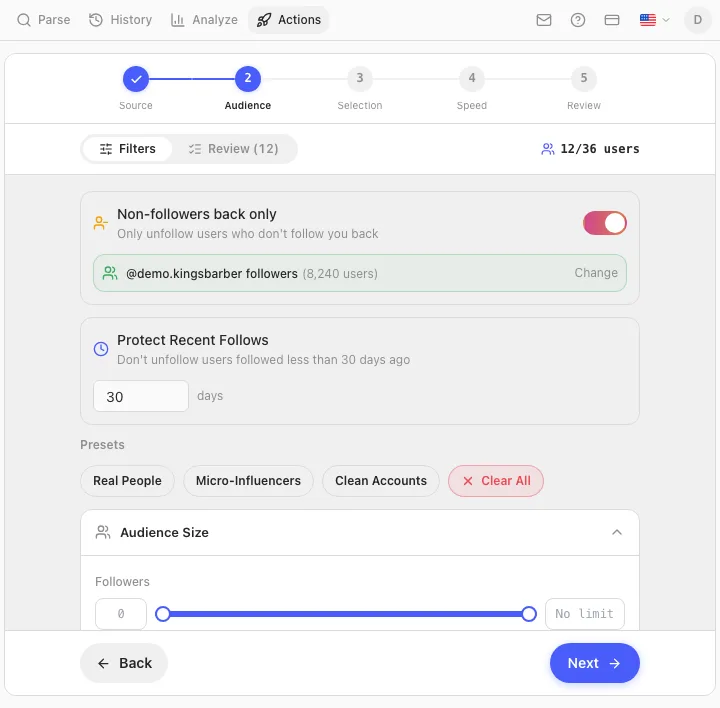 Audience step with Non-followers back only enabled against a followers list, Protect Recent Follows set to 30 days, and audience size filters