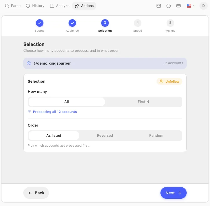 Selection step showing 12 accounts queued, with All and First N options and processing order controls